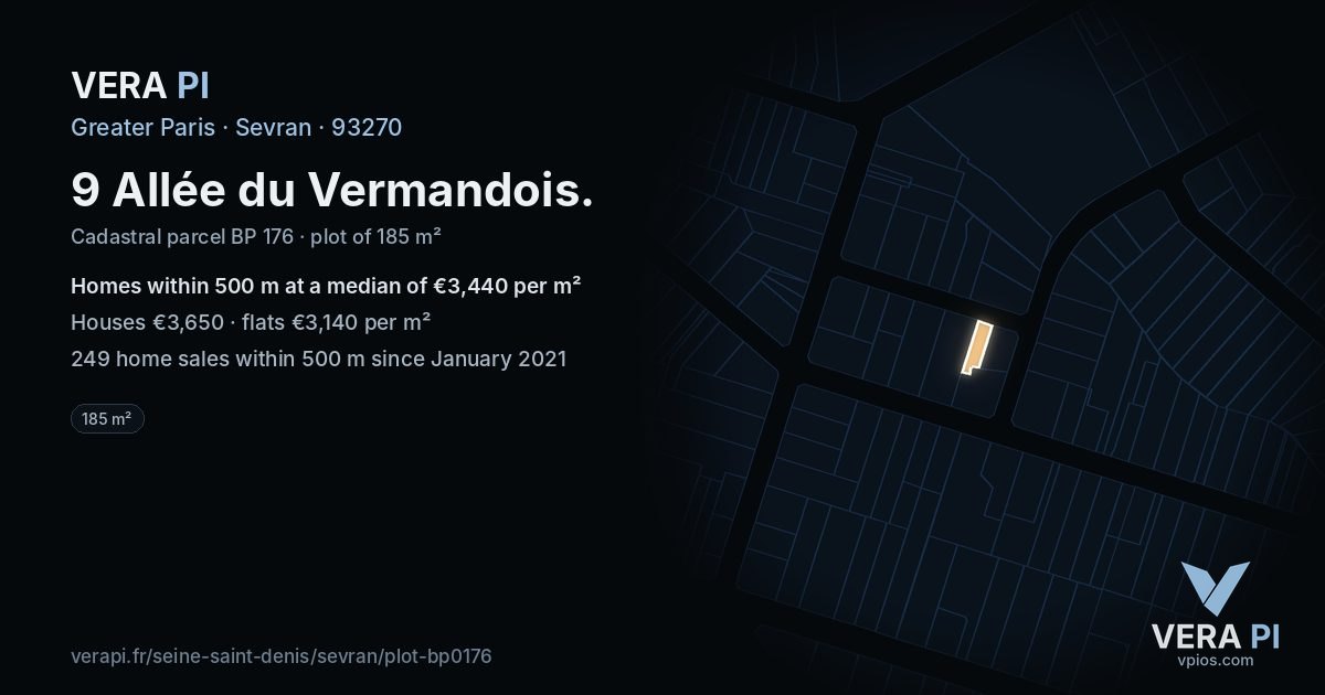 9 Allée du Vermandois, Sevran at night – the plot lit, the parcels around coloured by the prices near them