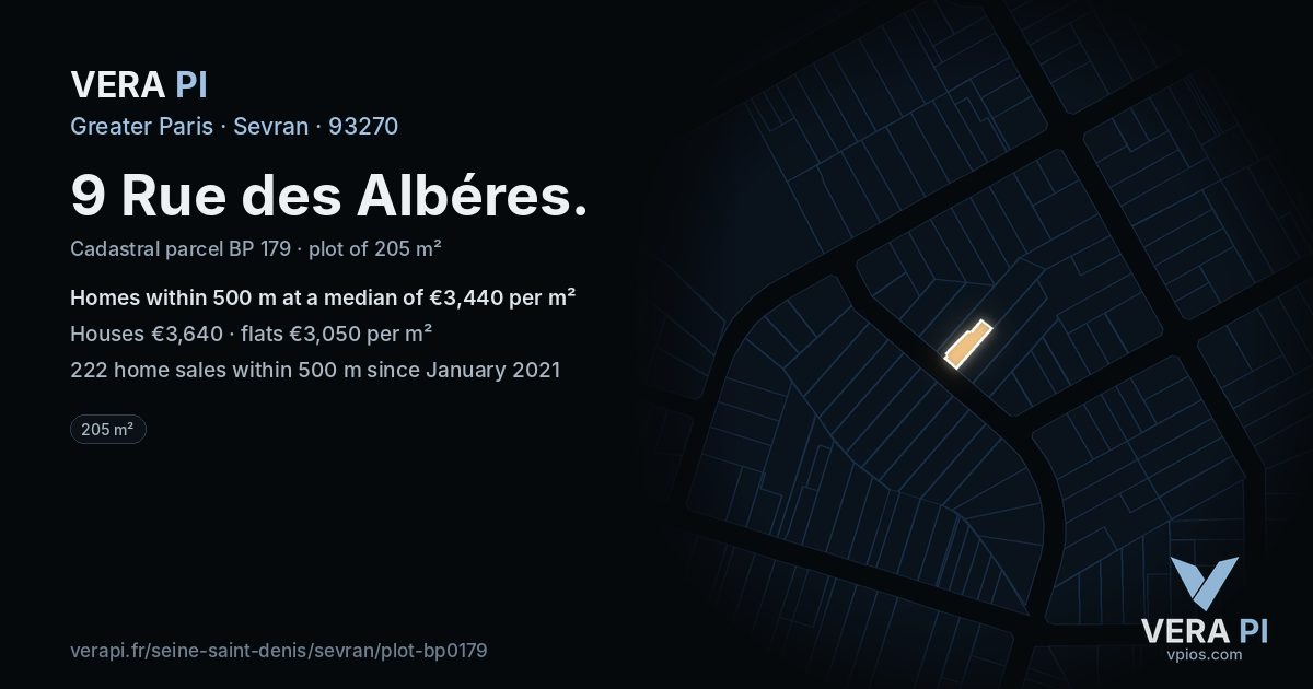 9 Rue des Albéres, Sevran at night – the plot lit, the parcels around coloured by the prices near them