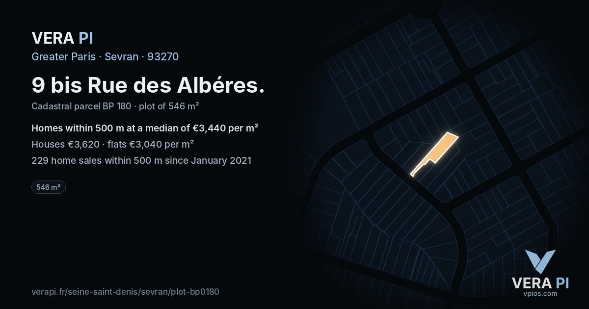 9 bis Rue des Albéres, Sevran at night – the plot lit, the parcels around coloured by the prices near them