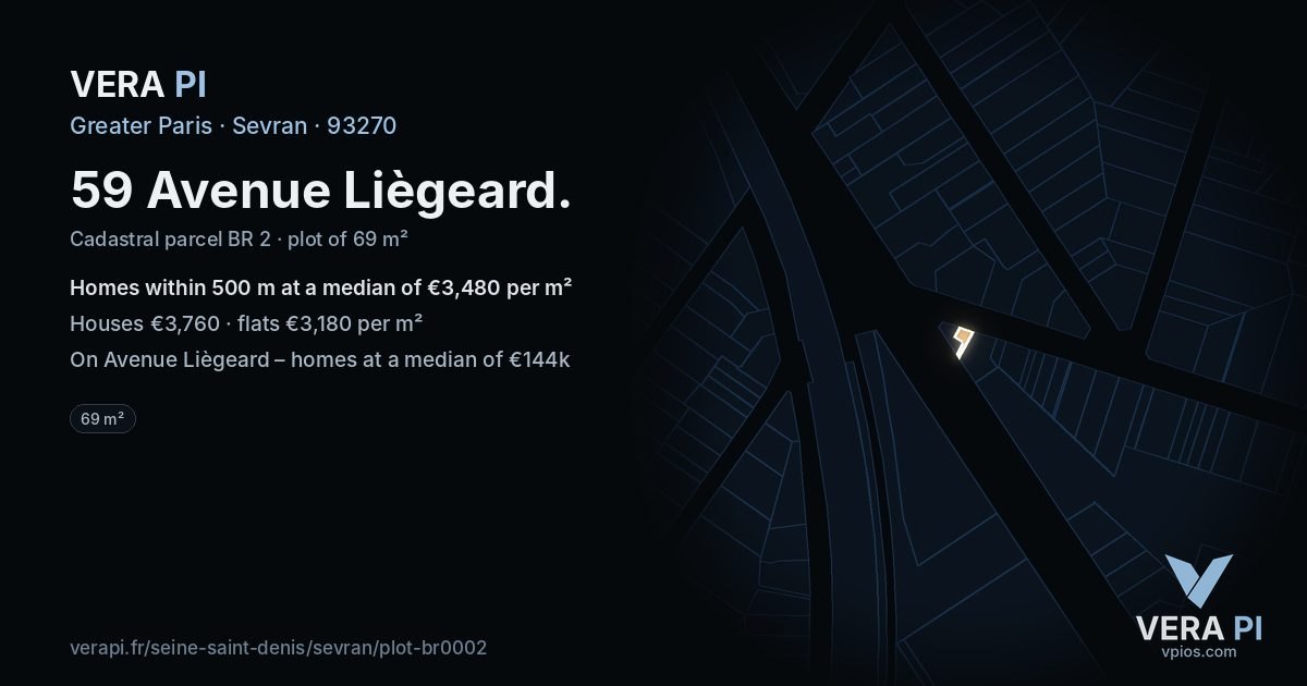 59 Avenue Liègeard, Sevran at night – the plot lit, the parcels around coloured by the prices near them