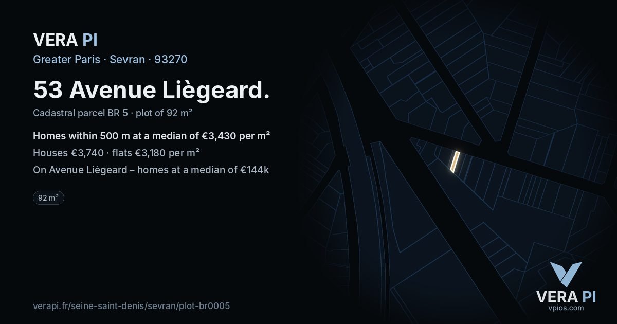 53 Avenue Liègeard, Sevran at night – the plot lit, the parcels around coloured by the prices near them