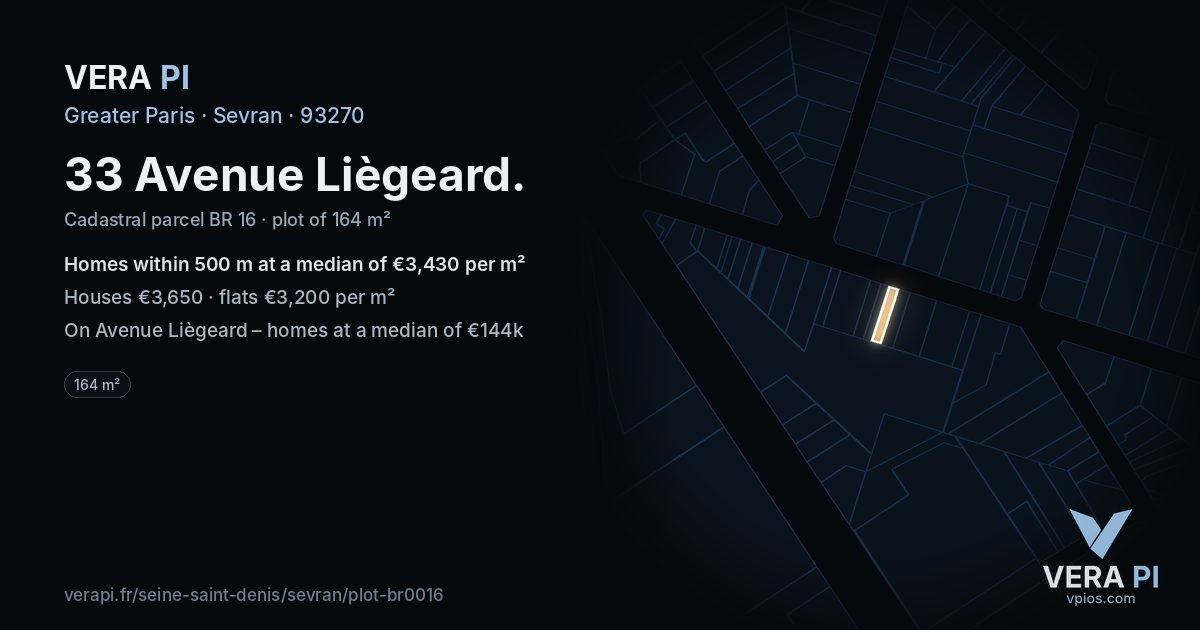 33 Avenue Liègeard, Sevran at night – the plot lit, the parcels around coloured by the prices near them