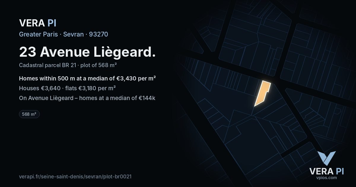 23 Avenue Liègeard, Sevran at night – the plot lit, the parcels around coloured by the prices near them