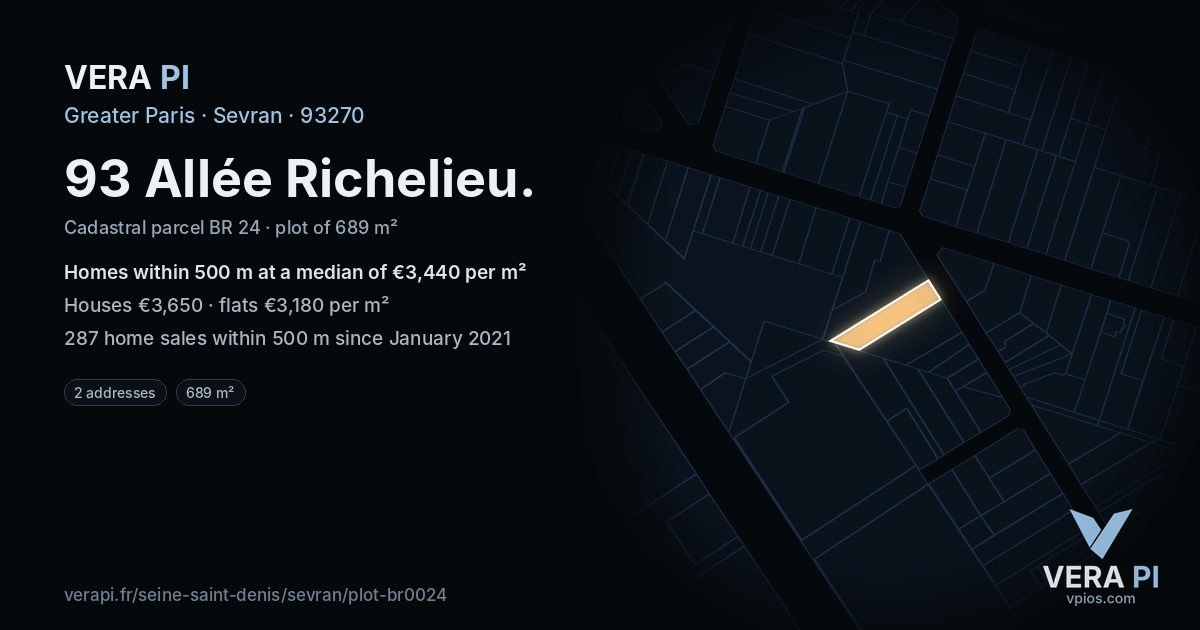 93 Allée Richelieu, Sevran at night – the plot lit, the parcels around coloured by the prices near them
