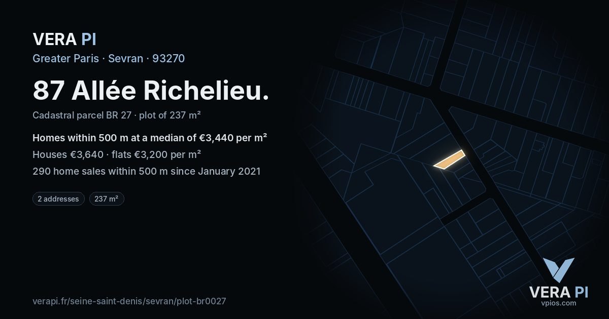 87 Allée Richelieu, Sevran at night – the plot lit, the parcels around coloured by the prices near them