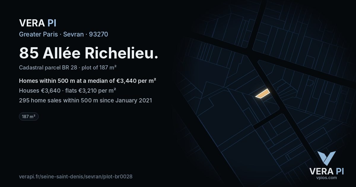 85 Allée Richelieu, Sevran at night – the plot lit, the parcels around coloured by the prices near them