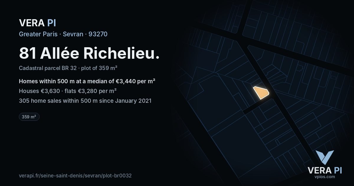 81 Allée Richelieu, Sevran at night – the plot lit, the parcels around coloured by the prices near them