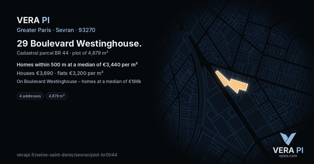 29 Boulevard Westinghouse, Sevran at night – the plot lit, the parcels around coloured by the prices near them