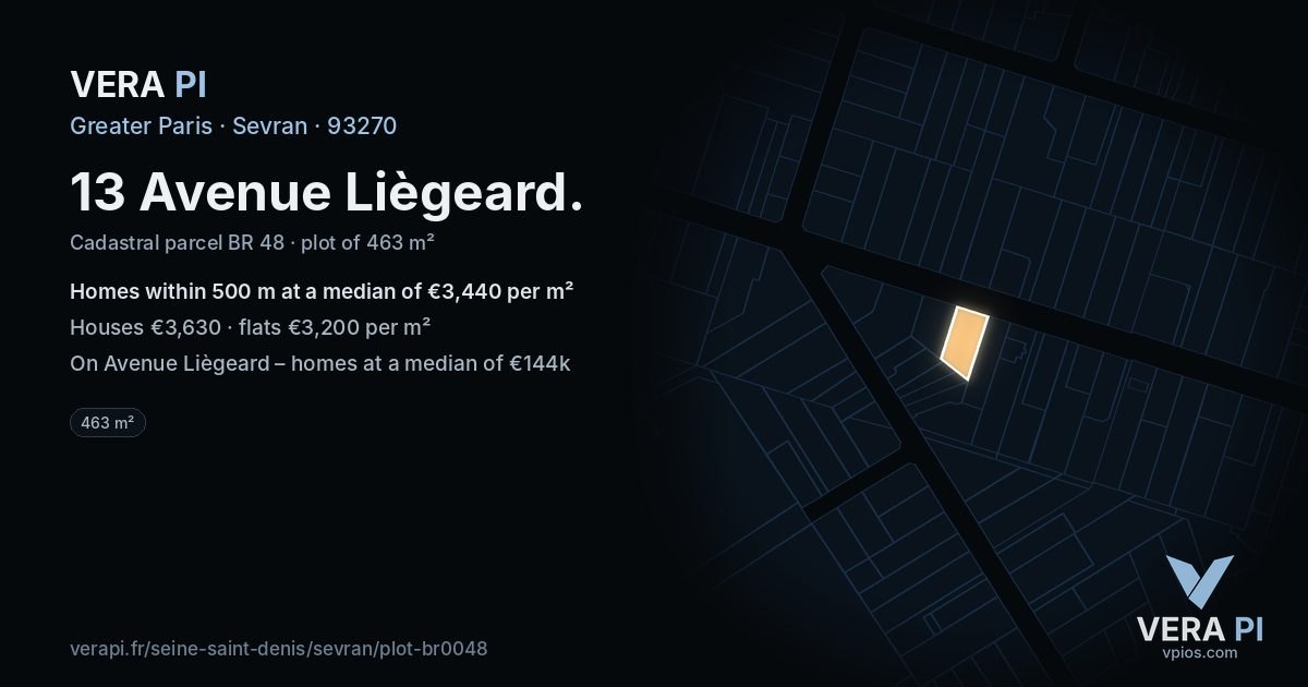 13 Avenue Liègeard, Sevran at night – the plot lit, the parcels around coloured by the prices near them