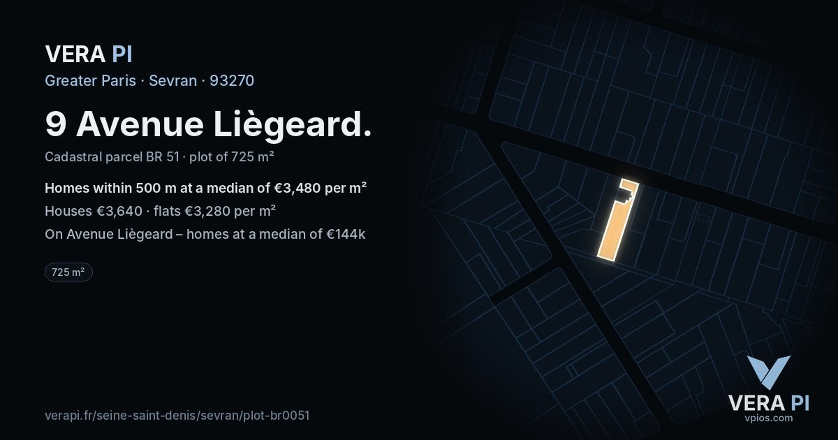 9 Avenue Liègeard, Sevran at night – the plot lit, the parcels around coloured by the prices near them