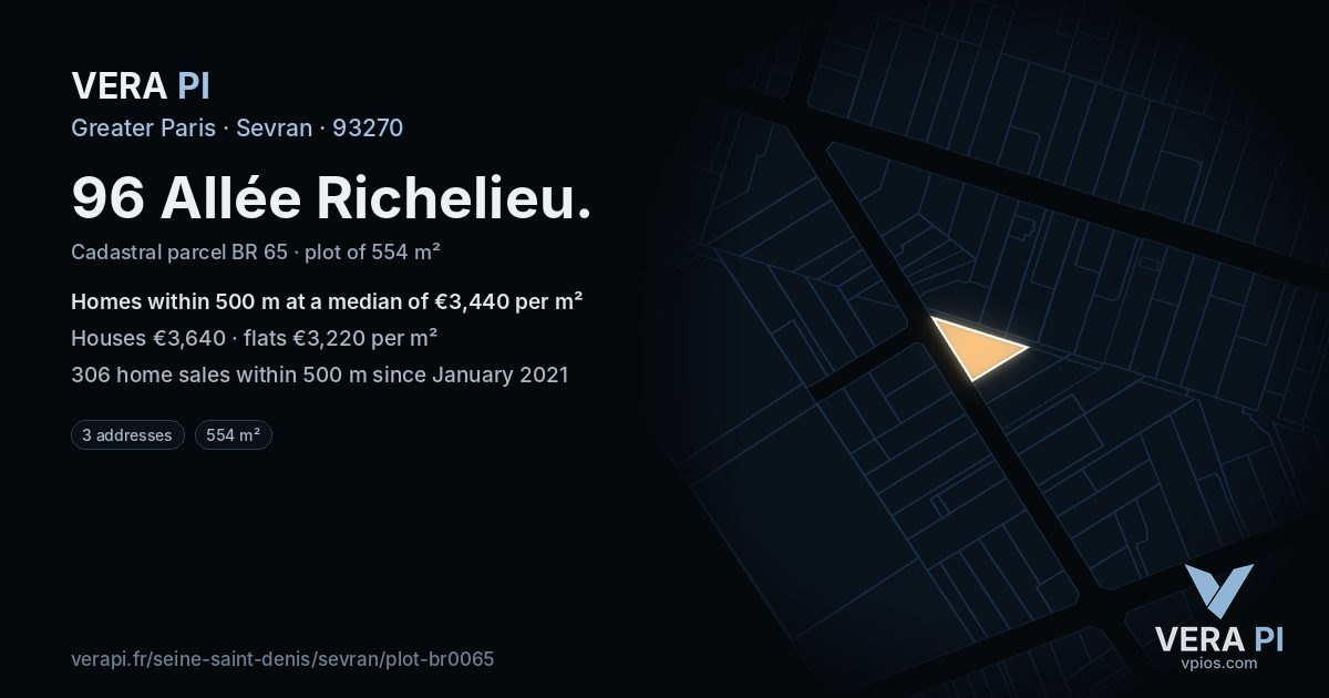 96 Allée Richelieu, Sevran at night – the plot lit, the parcels around coloured by the prices near them