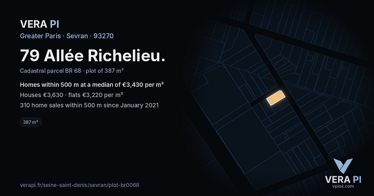 79 Allée Richelieu, Sevran at night – the plot lit, the parcels around coloured by the prices near them