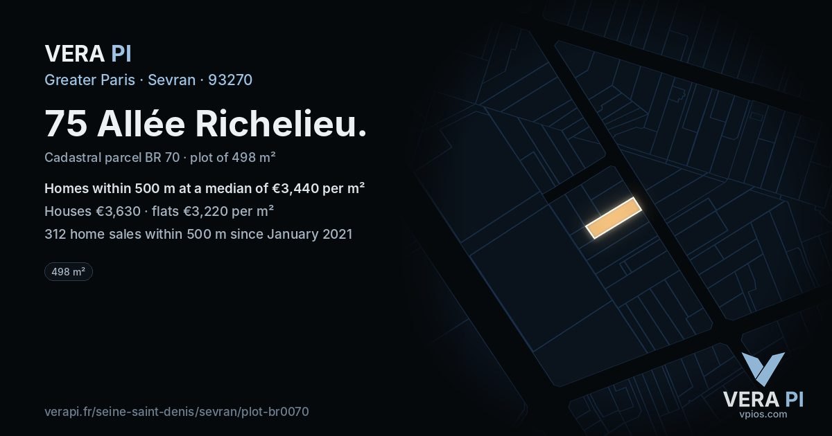 75 Allée Richelieu, Sevran at night – the plot lit, the parcels around coloured by the prices near them