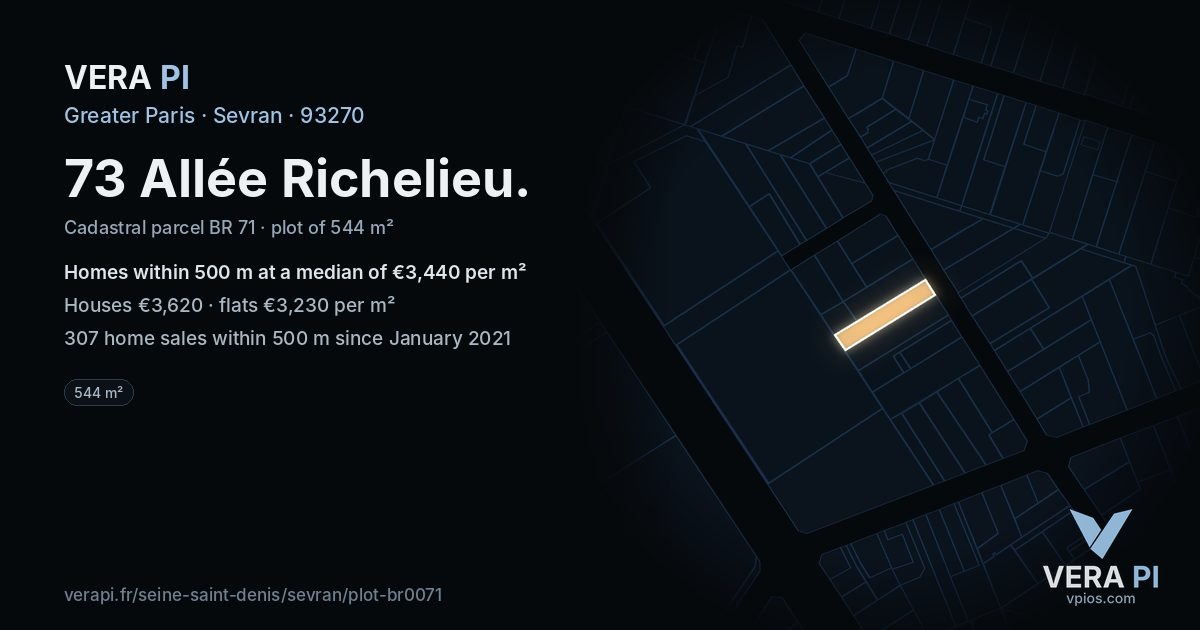 73 Allée Richelieu, Sevran at night – the plot lit, the parcels around coloured by the prices near them