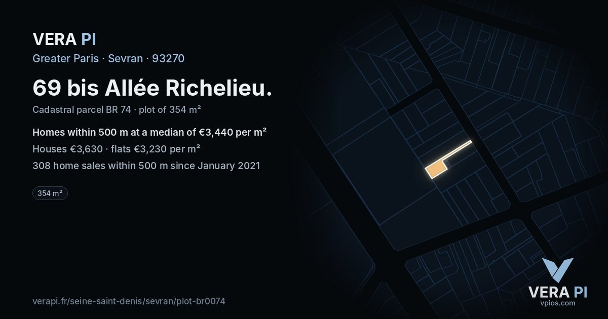 69 bis Allée Richelieu, Sevran at night – the plot lit, the parcels around coloured by the prices near them