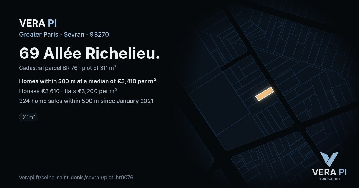69 Allée Richelieu, Sevran at night – the plot lit, the parcels around coloured by the prices near them