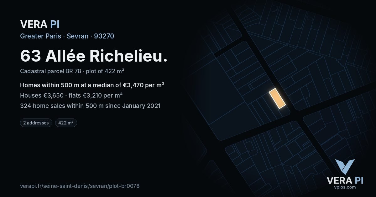 63 Allée Richelieu, Sevran at night – the plot lit, the parcels around coloured by the prices near them