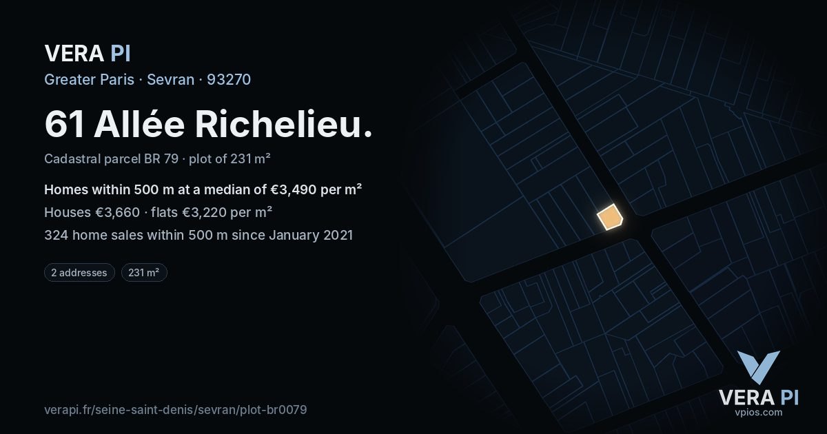 61 Allée Richelieu, Sevran at night – the plot lit, the parcels around coloured by the prices near them