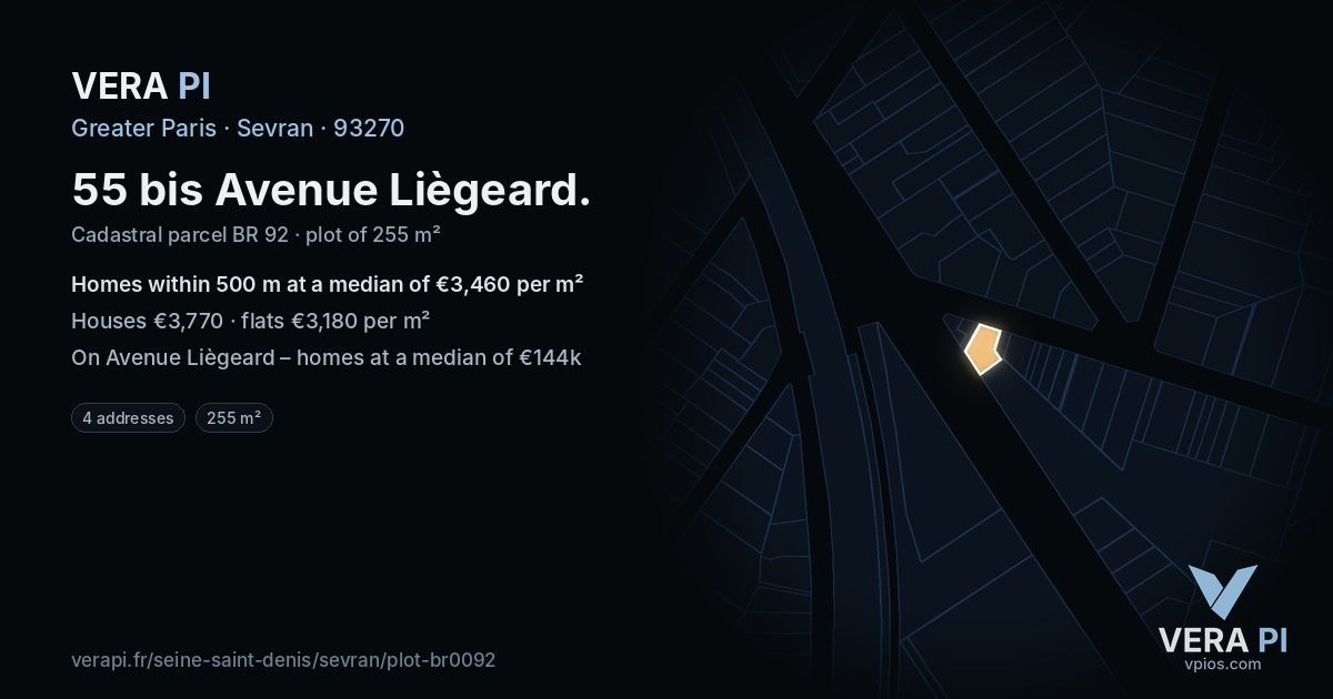 55 bis Avenue Liègeard, Sevran at night – the plot lit, the parcels around coloured by the prices near them