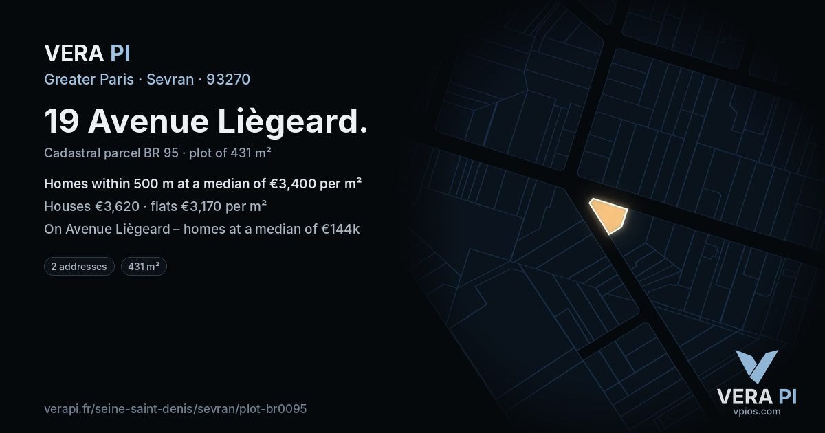 19 Avenue Liègeard, Sevran at night – the plot lit, the parcels around coloured by the prices near them