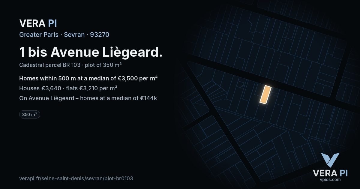 1 bis Avenue Liègeard, Sevran at night – the plot lit, the parcels around coloured by the prices near them