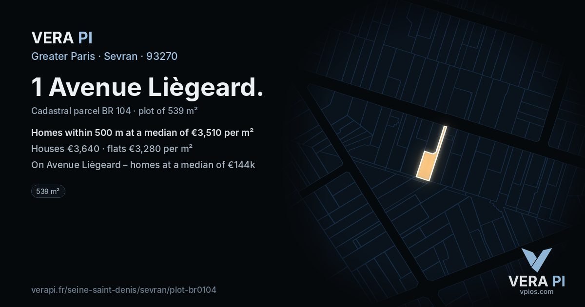 1 Avenue Liègeard, Sevran at night – the plot lit, the parcels around coloured by the prices near them