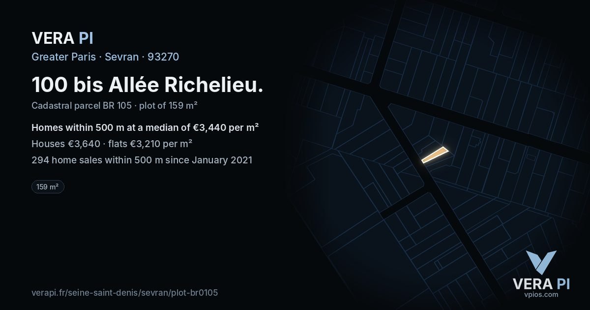 100 bis Allée Richelieu, Sevran at night – the plot lit, the parcels around coloured by the prices near them