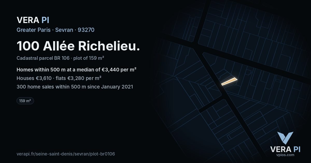 100 Allée Richelieu, Sevran at night – the plot lit, the parcels around coloured by the prices near them