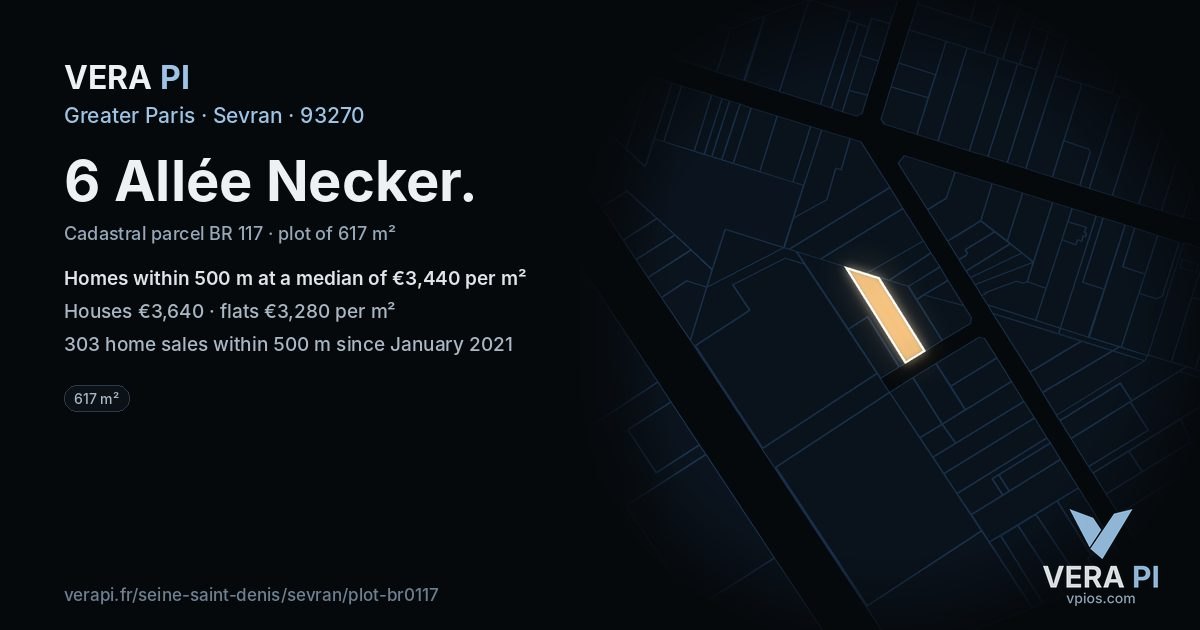 6 Allée Necker, Sevran at night – the plot lit, the parcels around coloured by the prices near them