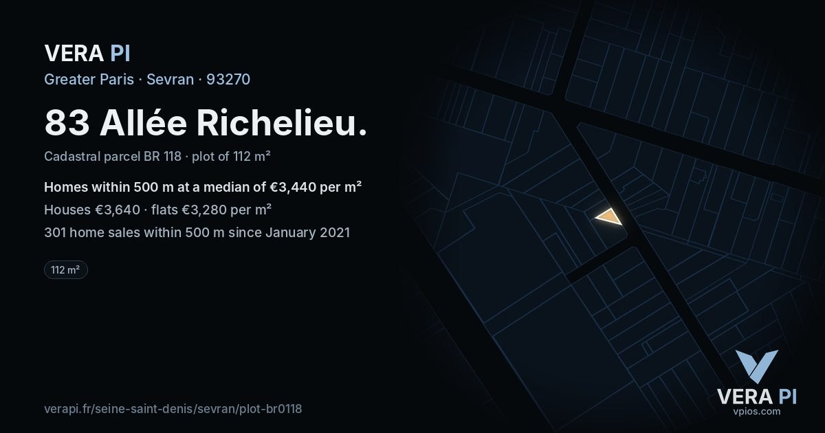 83 Allée Richelieu, Sevran at night – the plot lit, the parcels around coloured by the prices near them