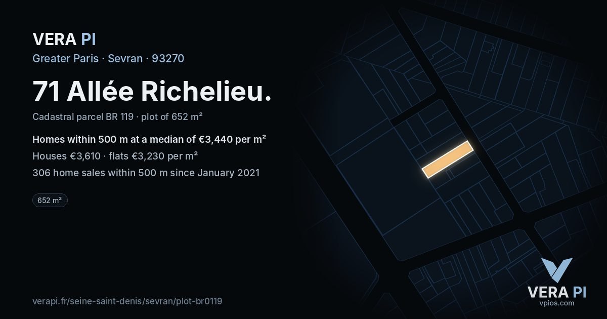 71 Allée Richelieu, Sevran at night – the plot lit, the parcels around coloured by the prices near them