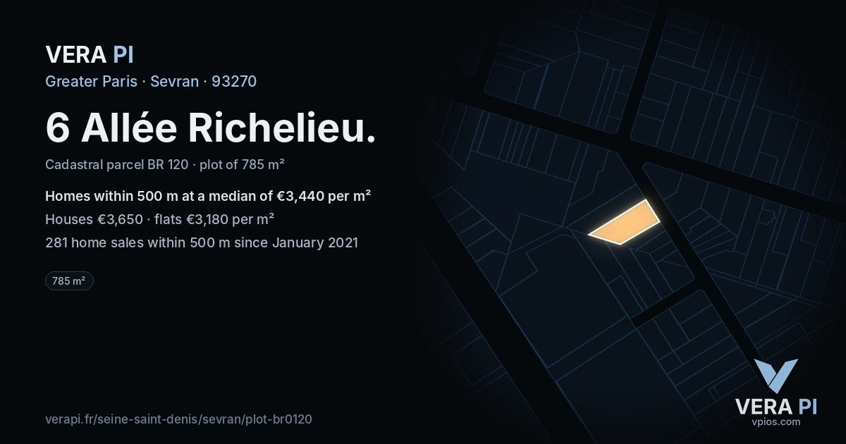 6 Allée Richelieu, Sevran at night – the plot lit, the parcels around coloured by the prices near them