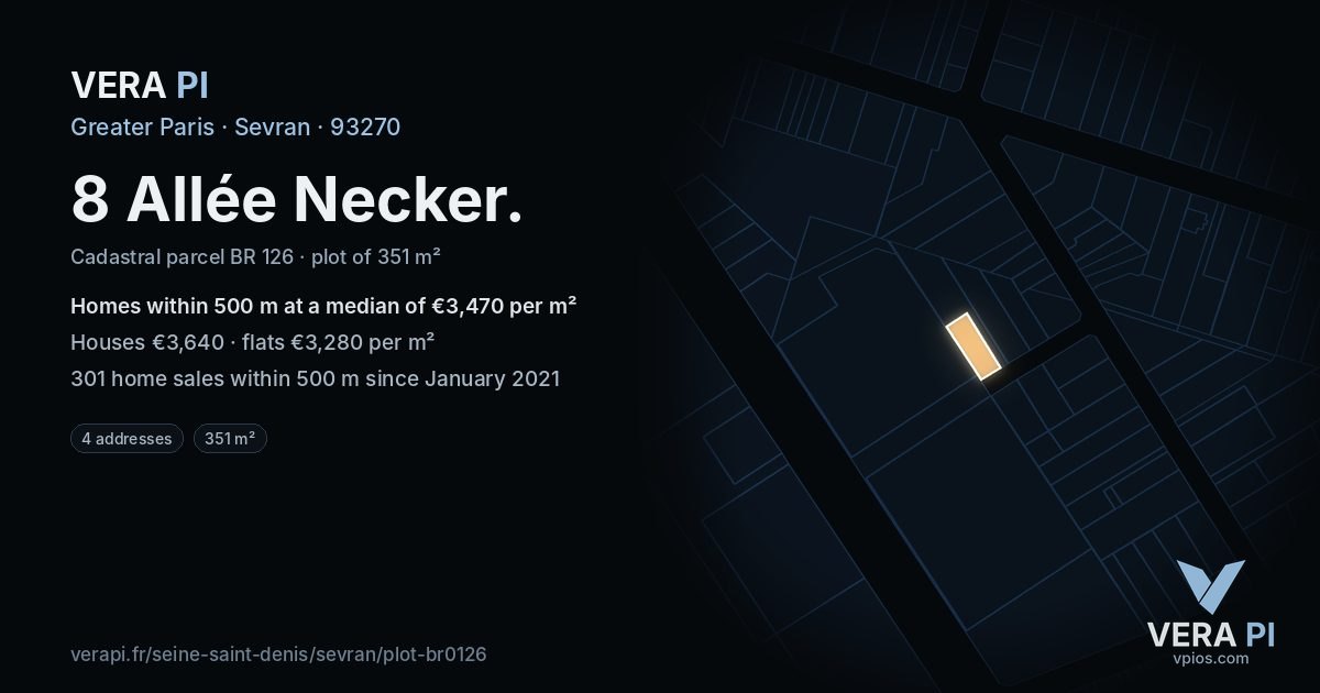 8 Allée Necker, Sevran at night – the plot lit, the parcels around coloured by the prices near them