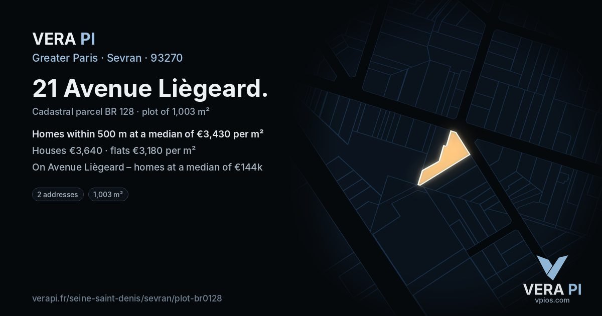 21 Avenue Liègeard, Sevran at night – the plot lit, the parcels around coloured by the prices near them