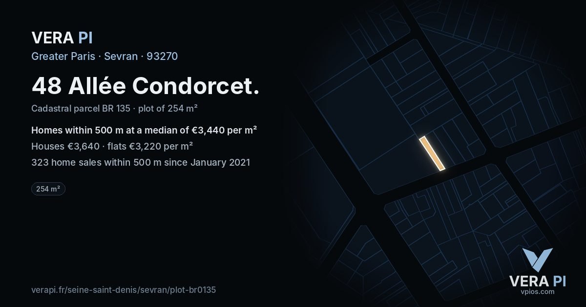 48 Allée Condorcet, Sevran at night – the plot lit, the parcels around coloured by the prices near them