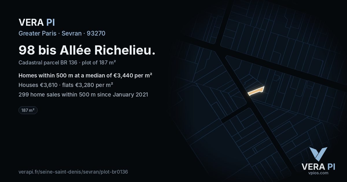 98 bis Allée Richelieu, Sevran at night – the plot lit, the parcels around coloured by the prices near them