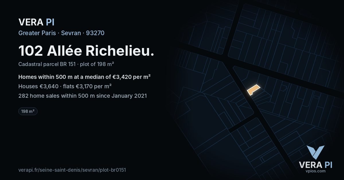 102 Allée Richelieu, Sevran at night – the plot lit, the parcels around coloured by the prices near them