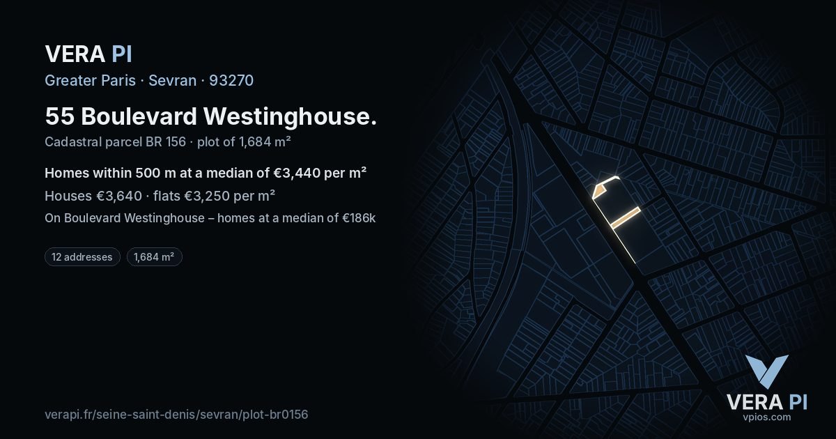 55 Boulevard Westinghouse, Sevran at night – the plot lit, the parcels around coloured by the prices near them