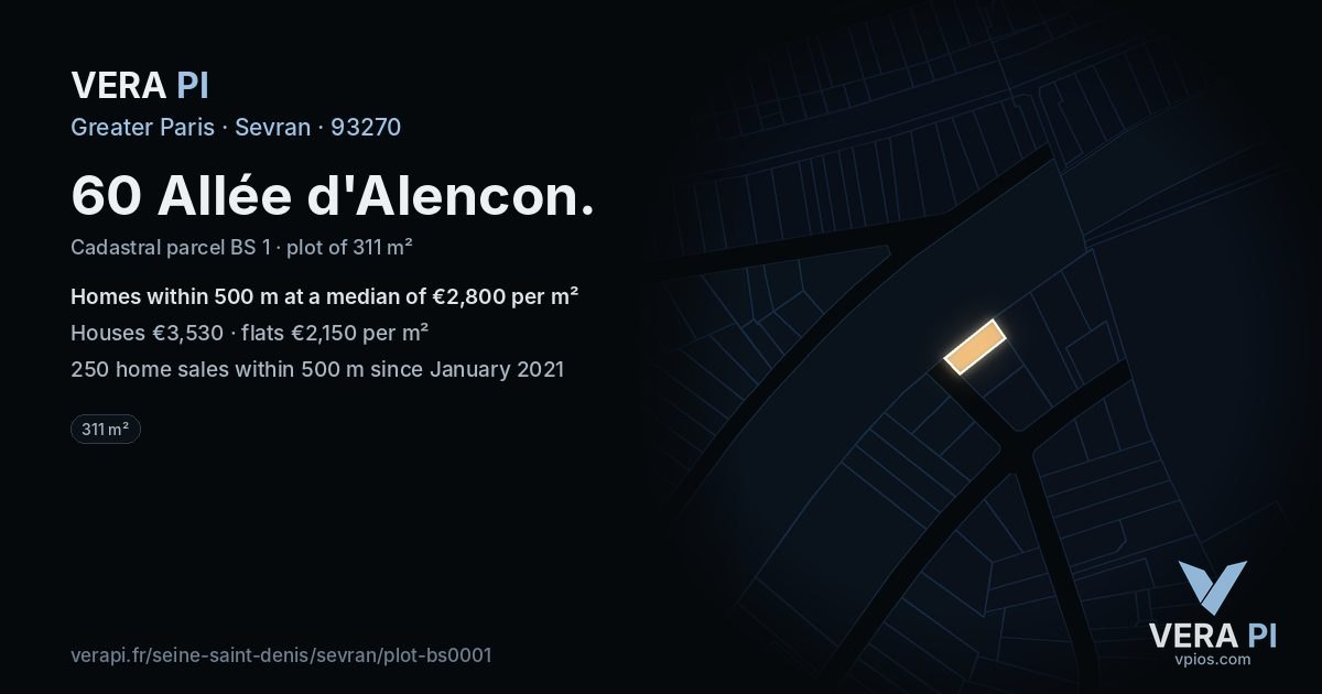 60 Allée d'Alencon, Sevran at night – the plot lit, the parcels around coloured by the prices near them