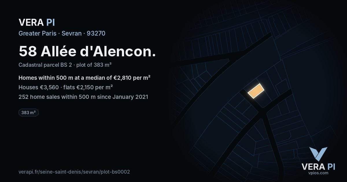 58 Allée d'Alencon, Sevran at night – the plot lit, the parcels around coloured by the prices near them