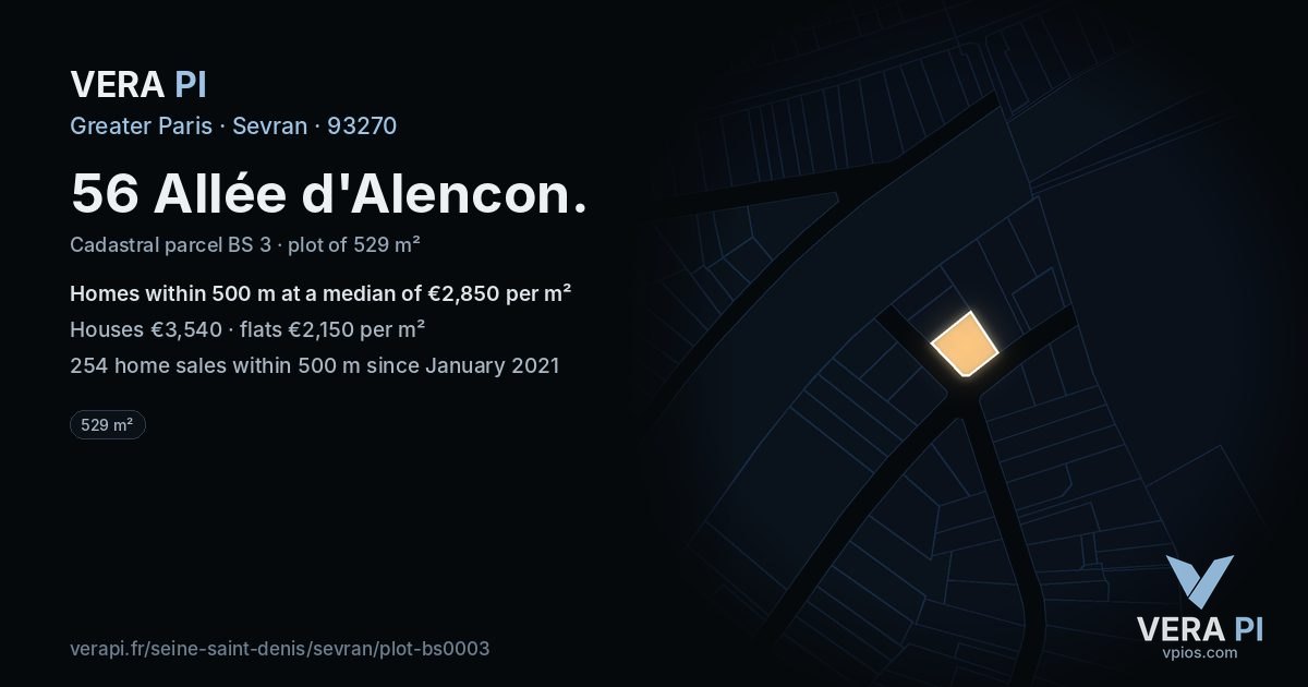 56 Allée d'Alencon, Sevran at night – the plot lit, the parcels around coloured by the prices near them