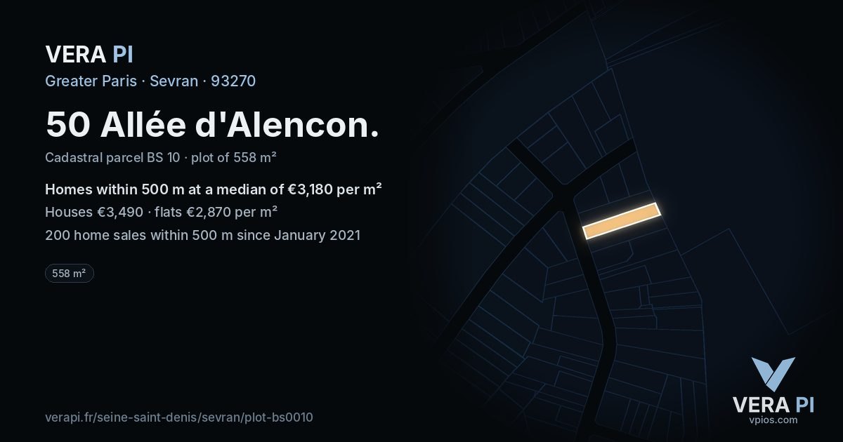 50 Allée d'Alencon, Sevran at night – the plot lit, the parcels around coloured by the prices near them