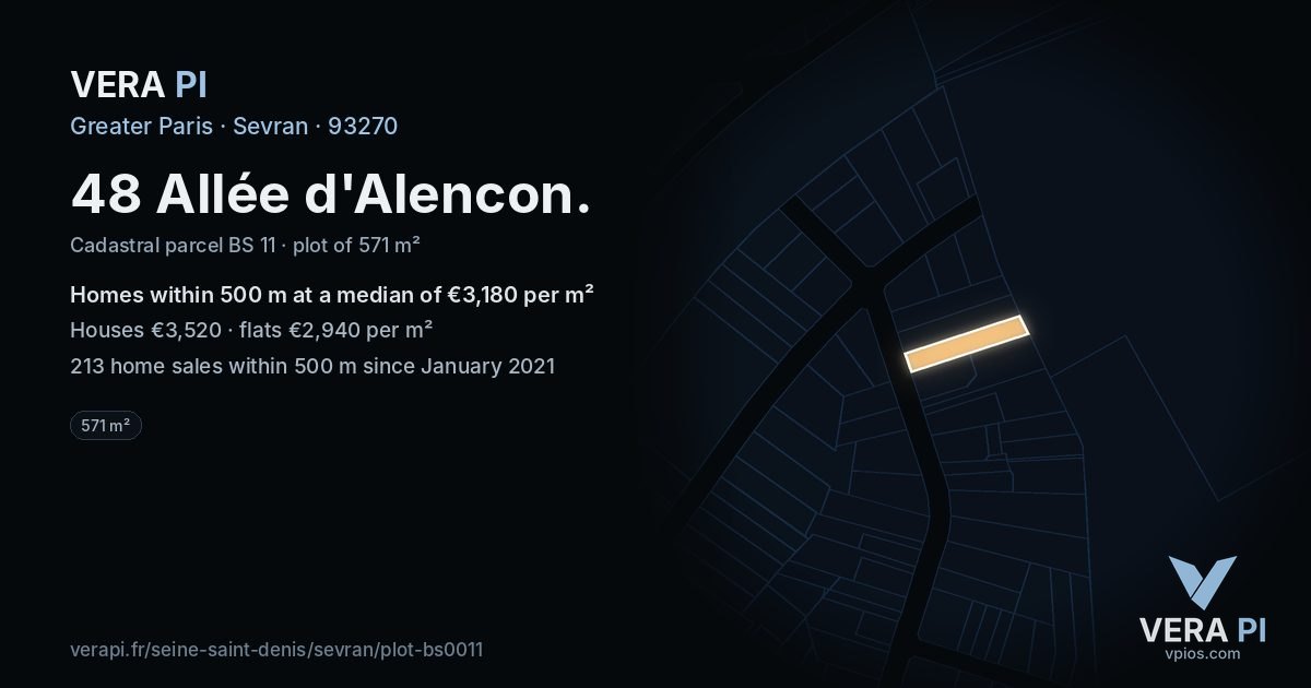 48 Allée d'Alencon, Sevran at night – the plot lit, the parcels around coloured by the prices near them