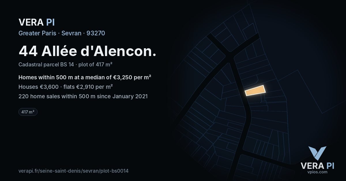 44 Allée d'Alencon, Sevran at night – the plot lit, the parcels around coloured by the prices near them