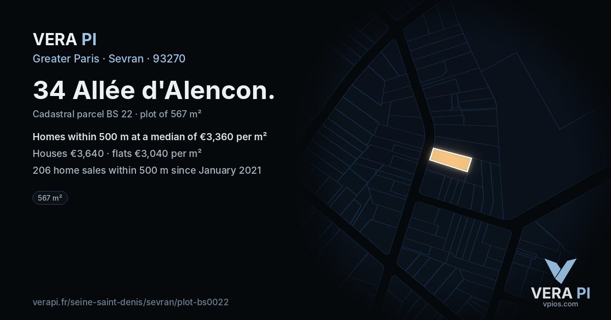 34 Allée d'Alencon, Sevran at night – the plot lit, the parcels around coloured by the prices near them
