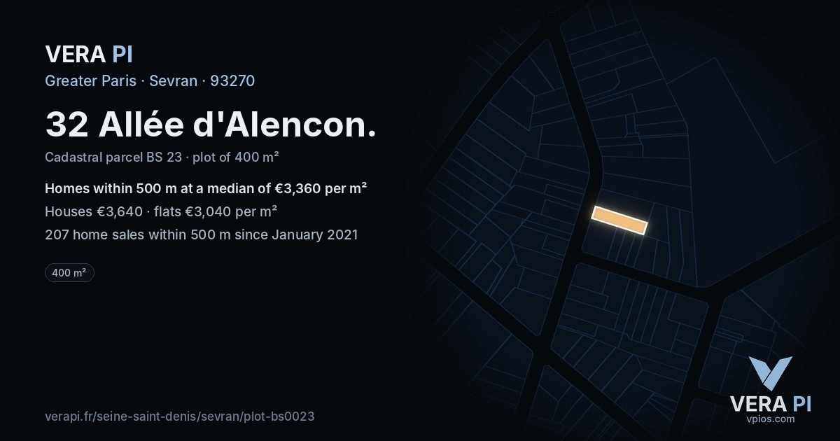 32 Allée d'Alencon, Sevran at night – the plot lit, the parcels around coloured by the prices near them