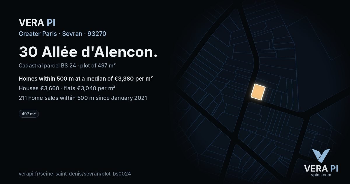 30 Allée d'Alencon, Sevran at night – the plot lit, the parcels around coloured by the prices near them