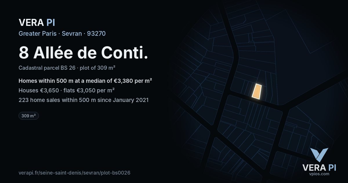 8 Allée de Conti, Sevran at night – the plot lit, the parcels around coloured by the prices near them