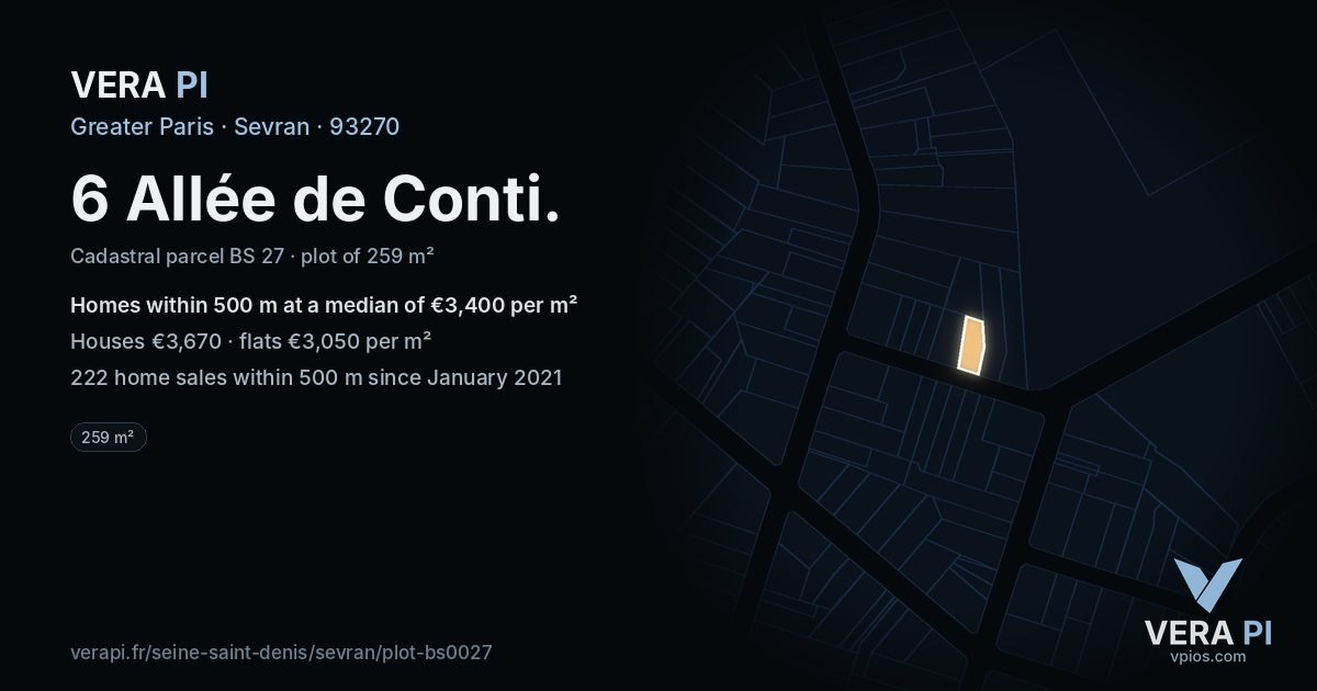 6 Allée de Conti, Sevran at night – the plot lit, the parcels around coloured by the prices near them