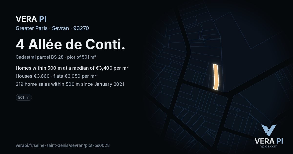 4 Allée de Conti, Sevran at night – the plot lit, the parcels around coloured by the prices near them